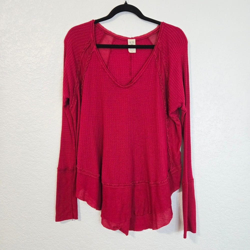 We The Free Red Deep Red Waffle Knit Drippy Thermal Long Sleeve Size S